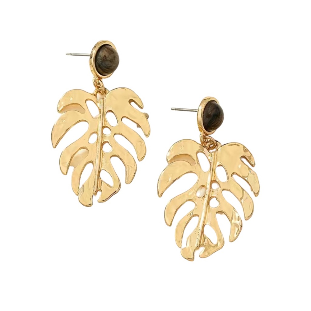 Gold and Brown Monstera Leaf Drop Earrings